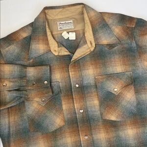 Pendleton High Grade Western Wear Pearl Snap Shirt Vir Wool Tan Plaid Mens Large